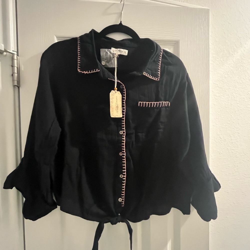 NATURAL LIFE Black Blouse with Pink Trim